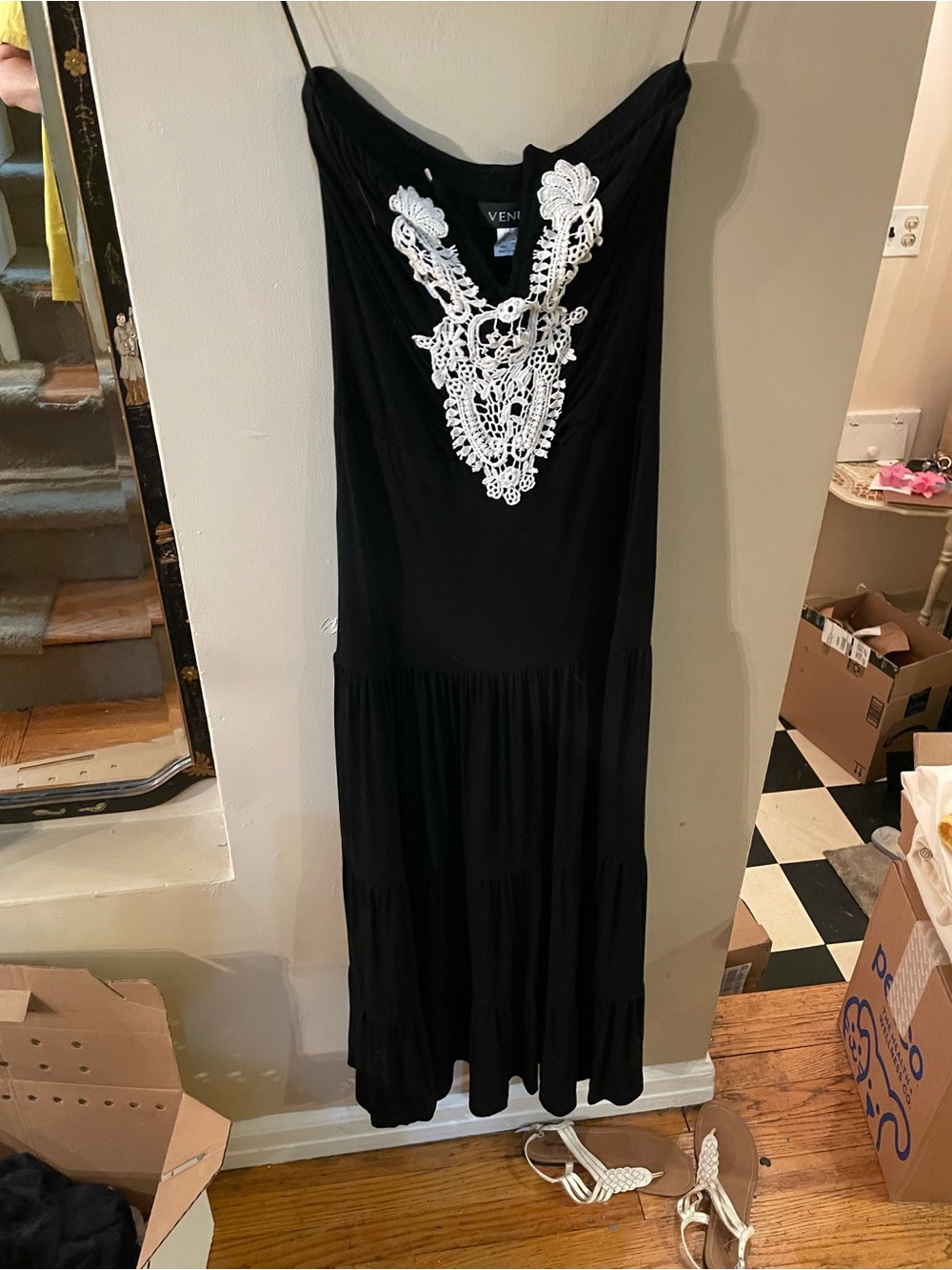 Venus Black strapless Maxi Dress with White Lace Applique